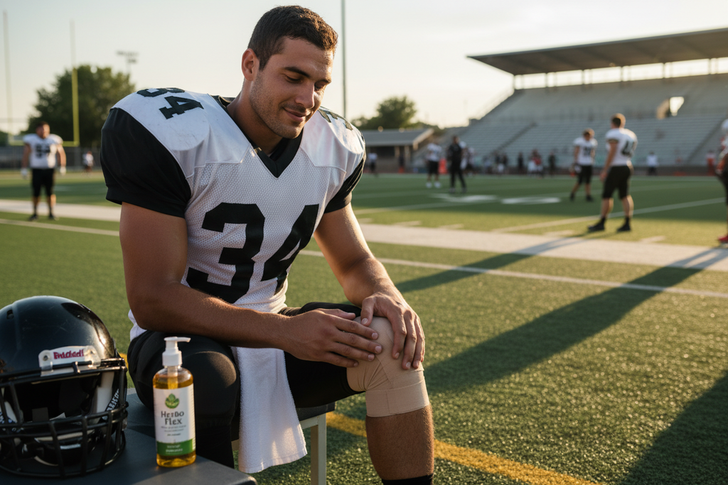 athletes who are suffering from injries while playing foot ball and have herbo flex oil applied on his knew and feel relex and make the picture professional