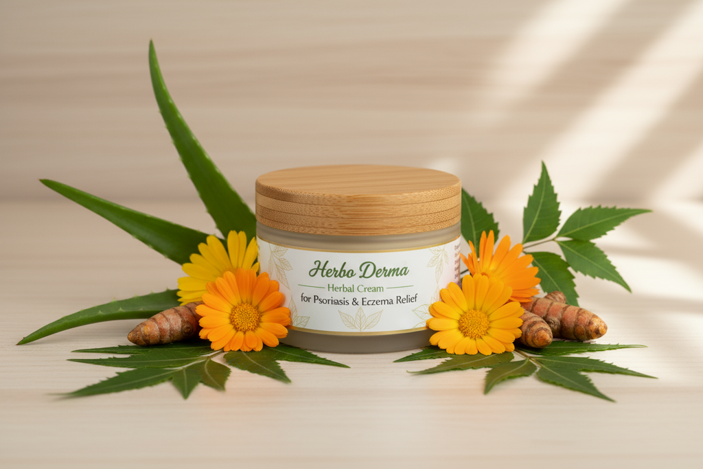 “Create a high-quality, realistic product image of a herbal skincare cream named Herbo Derma – Herbal Cream for Psoriasis & Eczema Relief. The packaging should look natural and premium — use soft green, white, and beige tones. Add a herbal background with ingredients like aloe vera, neem leaves, turmeric roots, and calendula flowers around the cream jar or tube. The design should convey freshness, healing, and nature-based skincare. The overall mood should be clean, soothing, and trustworthy — perfect for a