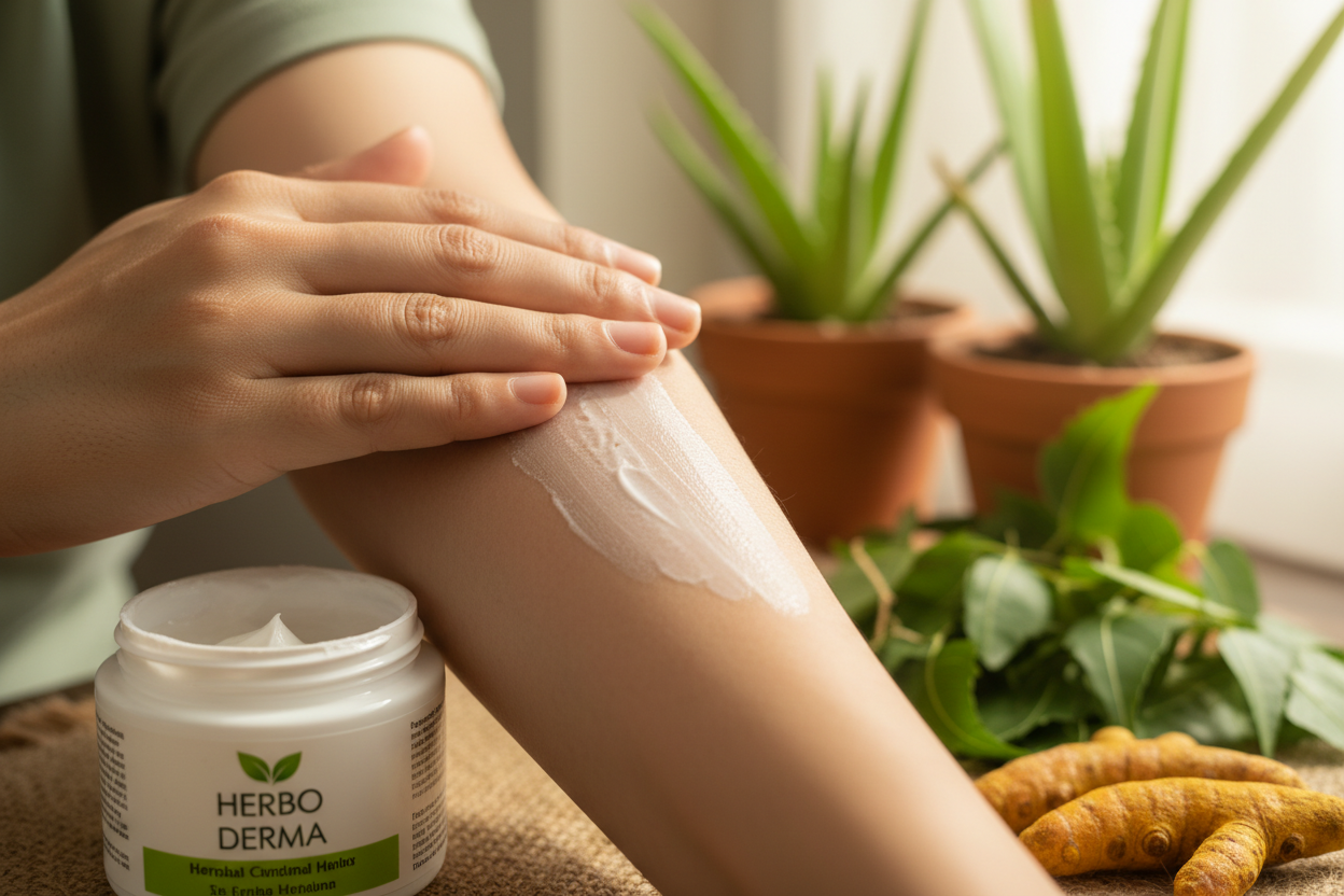 Create a realistic, high-quality image of a person with mild psoriasis patches on their arm and elbow. The person is gently applying Herbo Derma – Herbal Cream for Psoriasis & Eczema Relief on the affected area. Show a visible expression of comfort and relief on their face. The skin should appear calmer and less red after applying the cream. Include a soft, natural background with herbal elements like aloe vera, neem leaves, and turmeric to highlight the natural ingredients. The lighting should be warm, cle