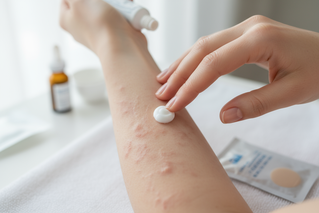 eczema patient using cream on his or her patches