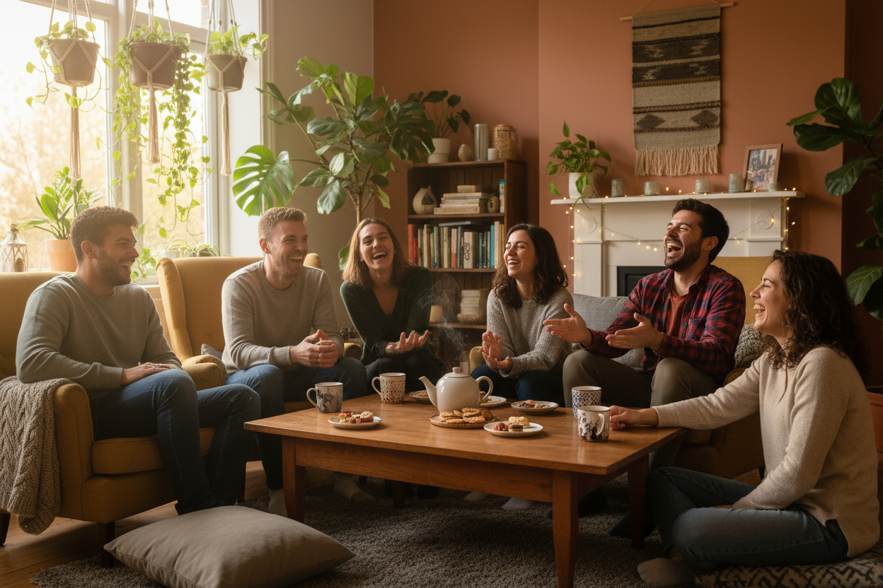 friends are drinking tea and laughing enjoying thier tea in a peacefull enviorment