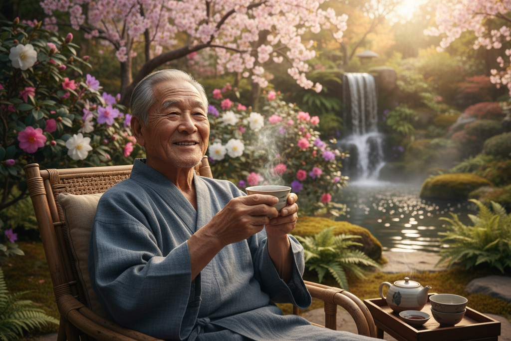 make a old man drinking the with happines in the peaceful enviroment