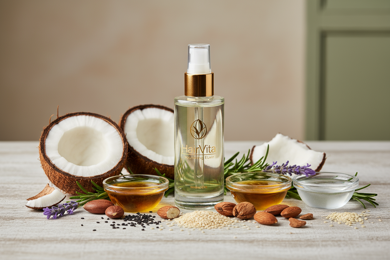 Product-focused lifestyle image: Show the bottle of HairVita oil clearly, surrounded by natural ingredients.